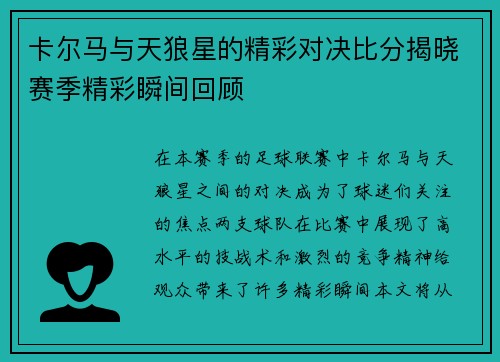 卡尔马与天狼星的精彩对决比分揭晓赛季精彩瞬间回顾