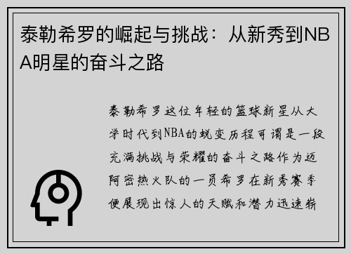 泰勒希罗的崛起与挑战：从新秀到NBA明星的奋斗之路