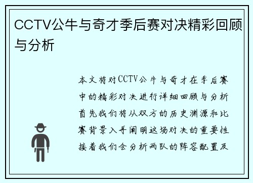 CCTV公牛与奇才季后赛对决精彩回顾与分析