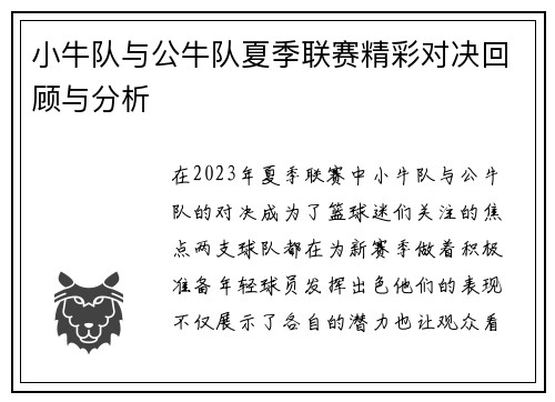 小牛队与公牛队夏季联赛精彩对决回顾与分析