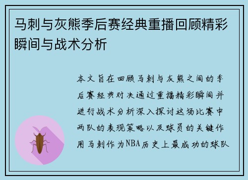 马刺与灰熊季后赛经典重播回顾精彩瞬间与战术分析