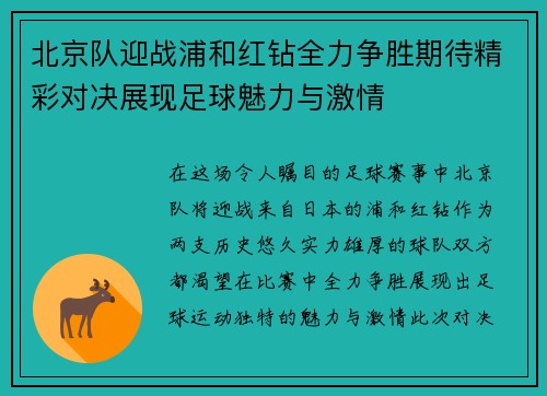北京队迎战浦和红钻全力争胜期待精彩对决展现足球魅力与激情
