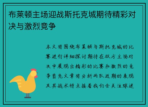 布莱顿主场迎战斯托克城期待精彩对决与激烈竞争