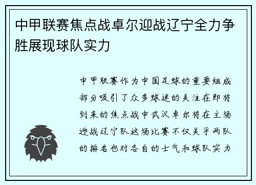 中甲联赛焦点战卓尔迎战辽宁全力争胜展现球队实力