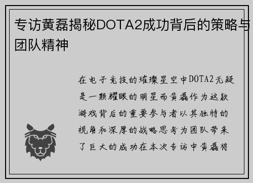 专访黄磊揭秘DOTA2成功背后的策略与团队精神